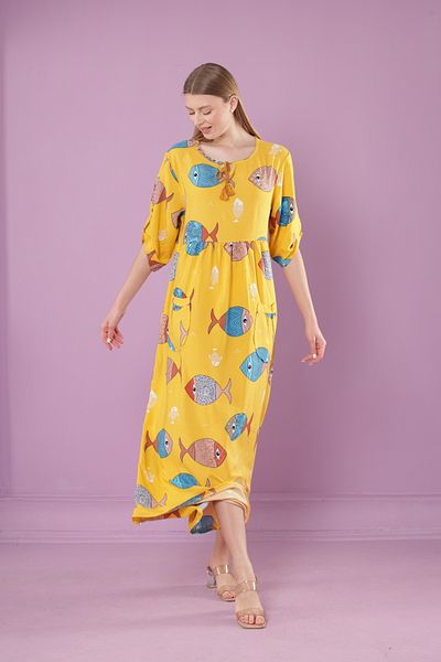 mervemoda Γυναικείο μακρύ φόρεμα με λαιμόκοψη με υφαντό βισκόζη