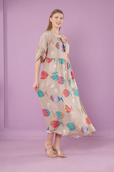 mervemoda Γυναικείο μακρύ φόρεμα με λαιμόκοψη με υφαντό βισκόζη