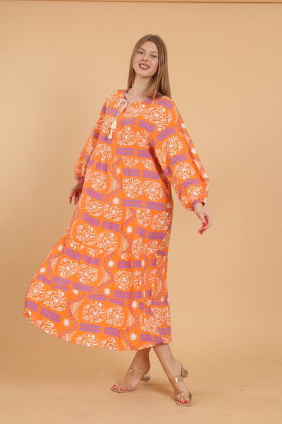 mervemoda Women's long sleeve full length printed woven dress