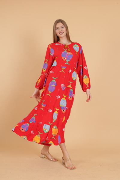 mervemoda Women's Long Sleeve Full Length Patterned Woven Dress