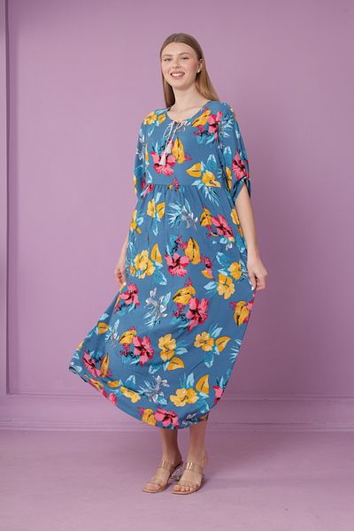 mervemoda Dámské tkané dlouhé šaty s kapesním límcem z viskózy