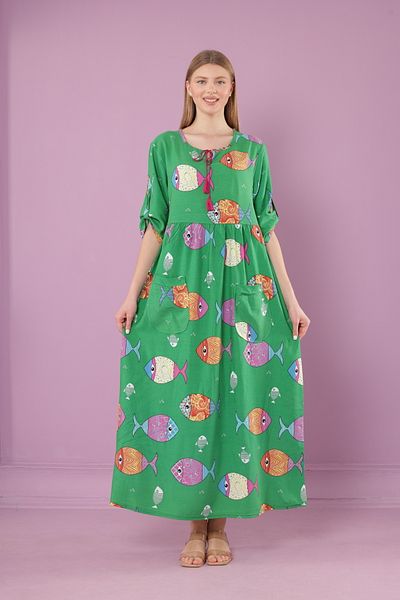 mervemoda Γυναικείο μακρύ φόρεμα με λαιμόκοψη με υφαντό βισκόζη