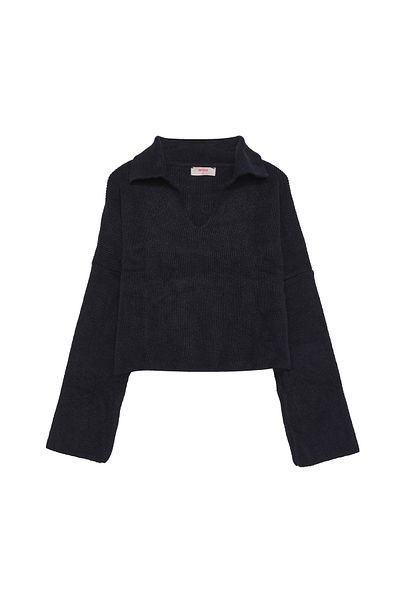 Quzu Πουκάμισο γιακάς Crop πουλόβερ Navy Blue