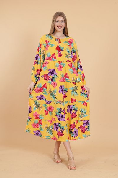 mervemoda Γυναικείο μακρυμάνικο ολόσωμο εμπριμέ υφαντό φόρεμα