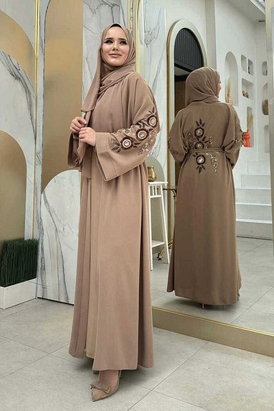 Bym Fashion Mink Abaya - Κεντητό και ζώνη στη μέση 7898