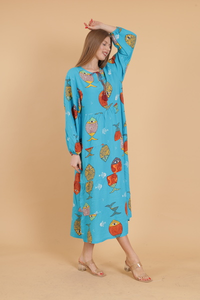 mervemoda Women's long sleeve full length printed woven dress