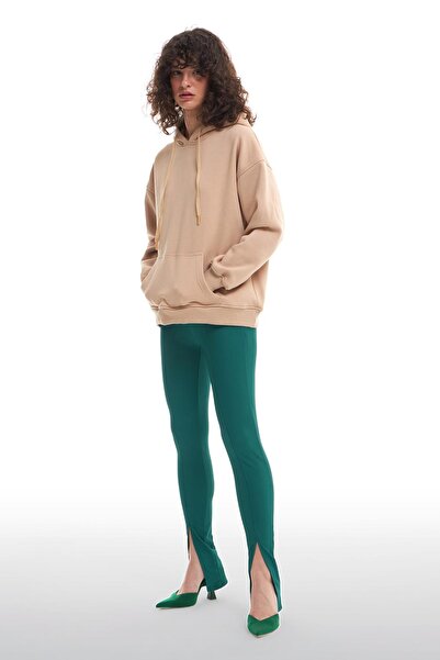 Quzu Hooded Kangaroo Pocket Sweatshirt Beige