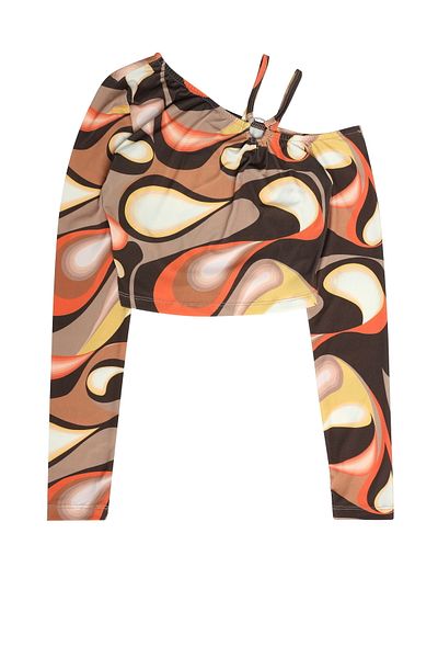 Quzu Ring Detailed Patterned Crop Blouse Brown