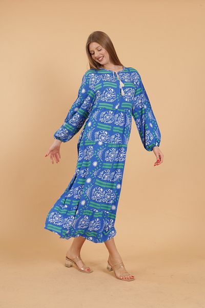mervemoda Rochie de damă cu mânecă lungă, imprimată, împletită