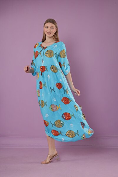 mervemoda Γυναικείο μακρύ φόρεμα με λαιμόκοψη με υφαντό βισκόζη