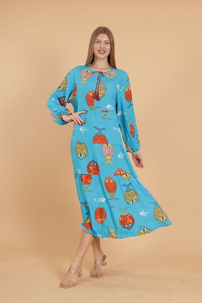 mervemoda Γυναικείο μακρυμάνικο ολόσωμο εμπριμέ υφαντό φόρεμα