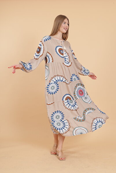 mervemoda Γυναικείο μακρυμάνικο ολόσωμο εμπριμέ υφαντό φόρεμα