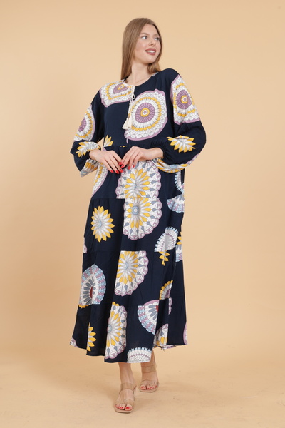 mervemoda Γυναικείο μακρυμάνικο ολόσωμο εμπριμέ υφαντό φόρεμα