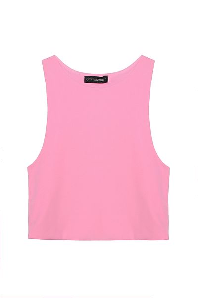 Quzu Crew Neck Strap Crop Blouse Pink
