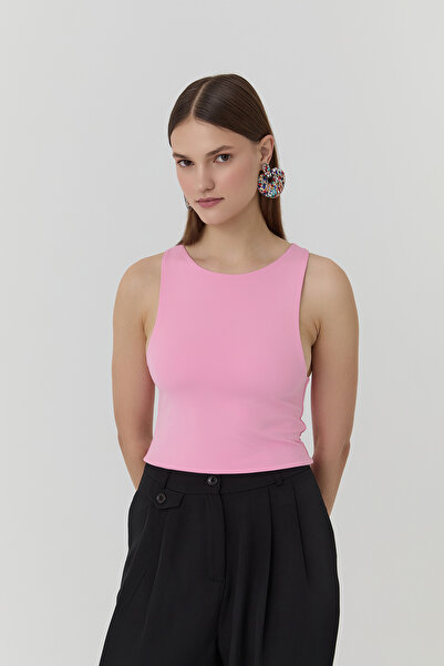 Quzu Crew Neck Strap Crop Blouse Pink