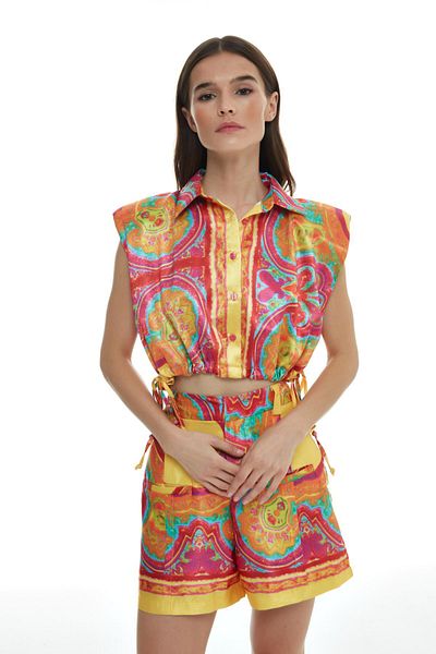 Quzu Colorful Patterned Shirt with Gather Detail Fuchsia