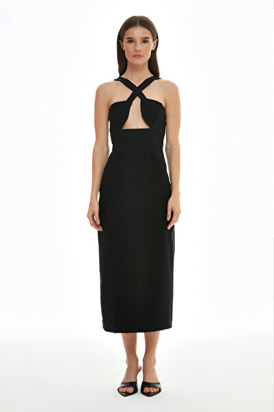 Quzu Миди рокля с кръстосани презрамки на гърба Черна