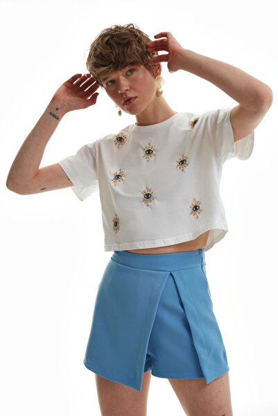 Quzu Yırtmaç Detaylı Şort Etek Mavi