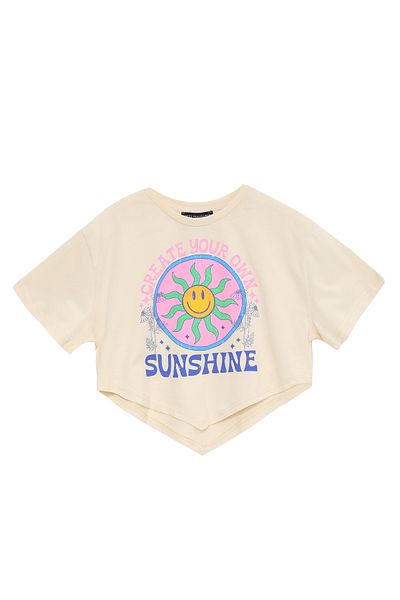 Quzu Asymmetrical T-Shirt with Print Detail Light Beige