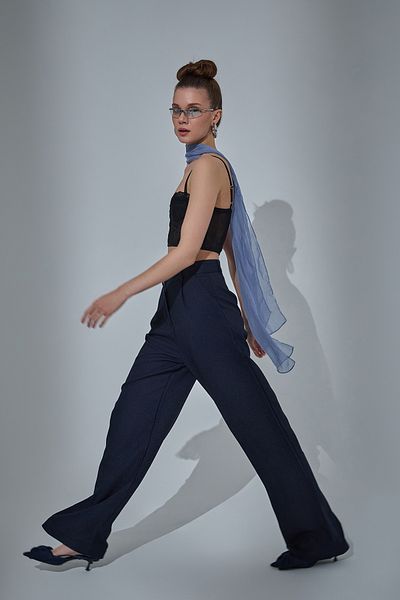 Quzu Wide Leg Palazzo Fabric Trousers Navy Blue