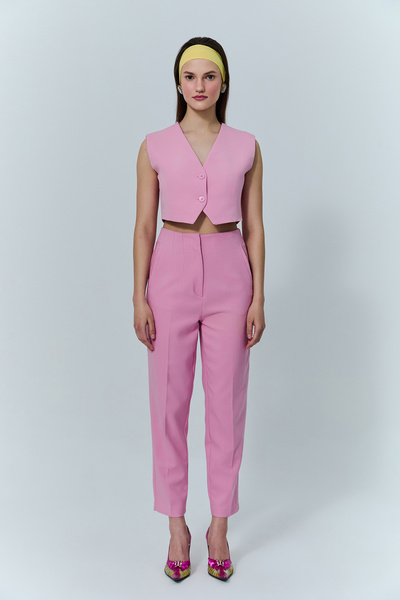 Quzu Pens Detaylı Yüksek Bel Pantolon Pembe