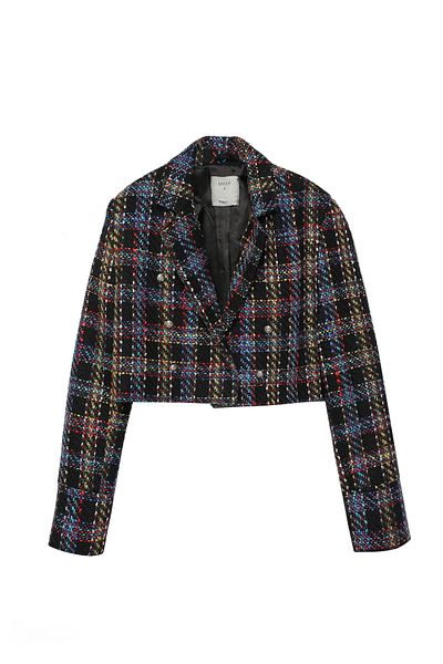 Quzu Colorful Tweed Crop Blazer Jacket Black