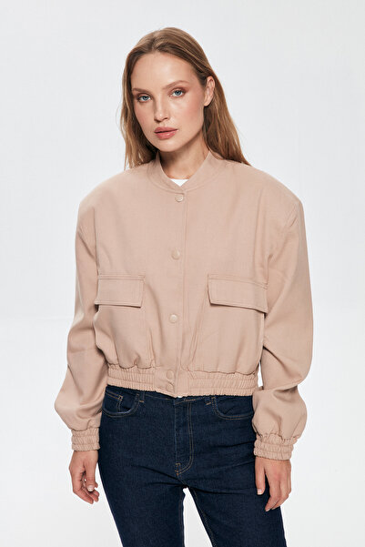 Quzu Big Pocket Detailed Bomber Jacket Beige