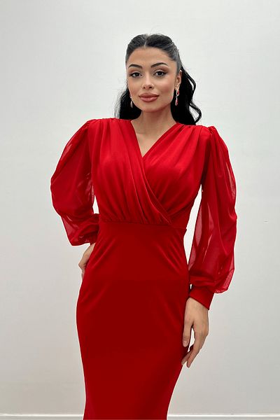 giyimmasalı Crepe Fabric Double Breasted Collar Fishnet Dress - RED