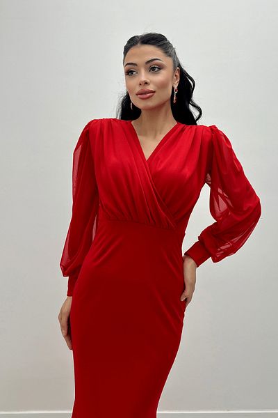 giyimmasalı Crepe Fabric Double Breasted Collar Fishnet Dress - RED