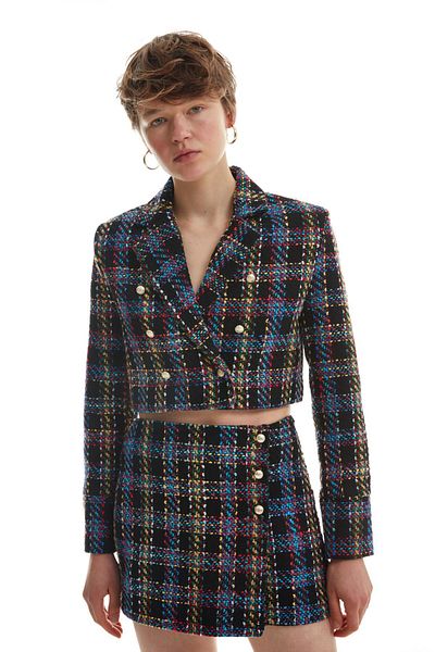 Quzu Colorful Tweed Crop Blazer Jacket Black