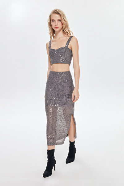 Quzu Sequin Detailed Bustier Blouse Gray