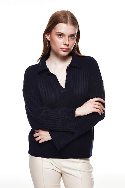 Quzu Polo Neck Knitwear Sweater Navy Blue