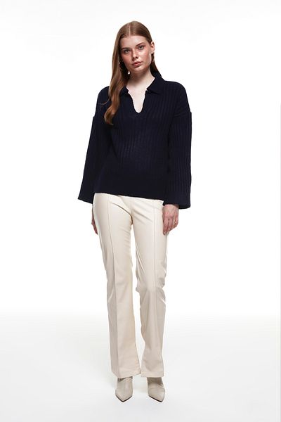 Quzu Polo Neck Knitwear Sweater Navy Blue