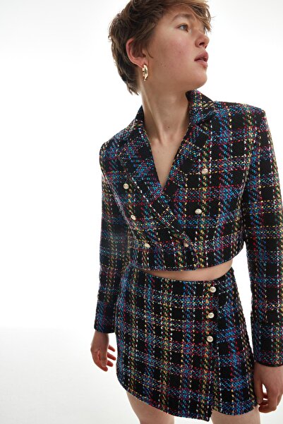 Quzu Πολύχρωμο Tweed Crop Blazer Jacket Μαύρο