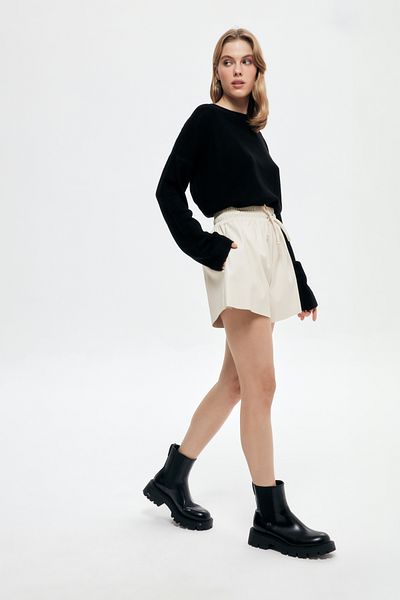 Quzu Leather Mini Shorts with Elastic Waist Stone