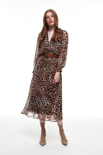 Quzu Leopard Long Dress Brown with Belt Detail