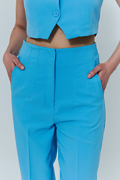 Quzu Pens Detaylı Yüksek Bel Pantolon Mavi