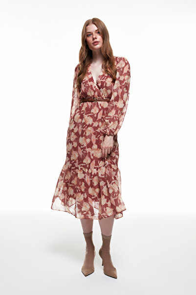 Quzu Kemer Detaylı Desenli Uzun Elbise Kiremit