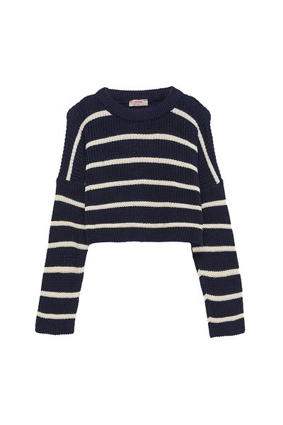 Quzu Pulover de tricotaj crop cu dungi, albastru-marin-crem