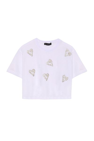 Quzu Tricou crop cu inimă cu detalii în piatră, alb