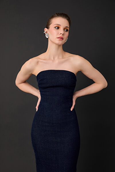 Quzu Strapless Detailed Denim Long Dress Blue