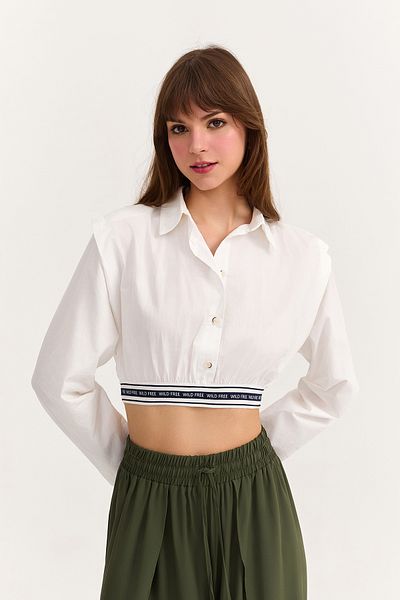 Quzu Padded Crop Shirt with Elastic Waist Ecru