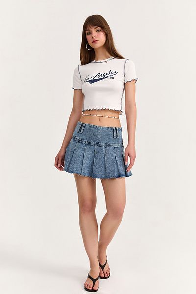 Quzu Pleat Detailed Mini Denim Skirt Blue