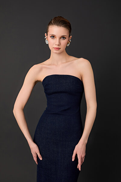Quzu Strapless Detailed Denim Long Dress Blue