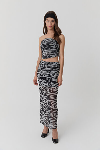 Quzu Kadın Drapeli Tül Transparan Yazlık Siyah Mini Etek