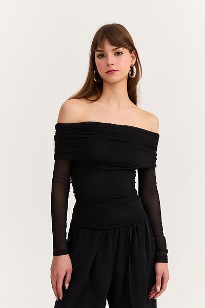 Quzu Off-Shoulder Long Tulle Sleeve Blouse Black