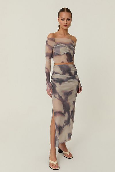 Quzu Drape Detailed Patterned Midi Tulle Skirt Beige