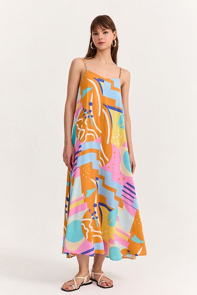 Quzu Colorful Patterned Strappy Long Dress Orange