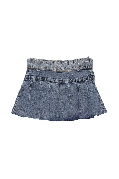 Quzu Pleat Detailed Mini Denim Skirt Blue