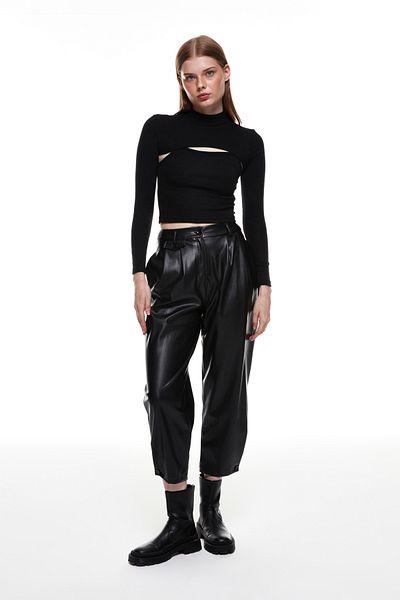 Quzu Button Detailed High Waist Leather Trousers Black